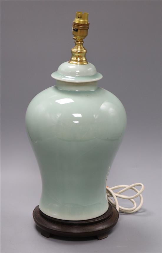 A Chinese celadon glazed table lamp, converted